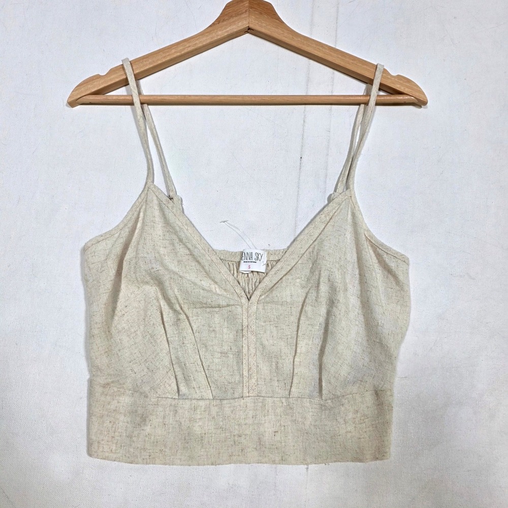 Sienna Sky Crop Top Wom S Beige Linen Blend Smocked V-Neck CSET1003 Boho Summer